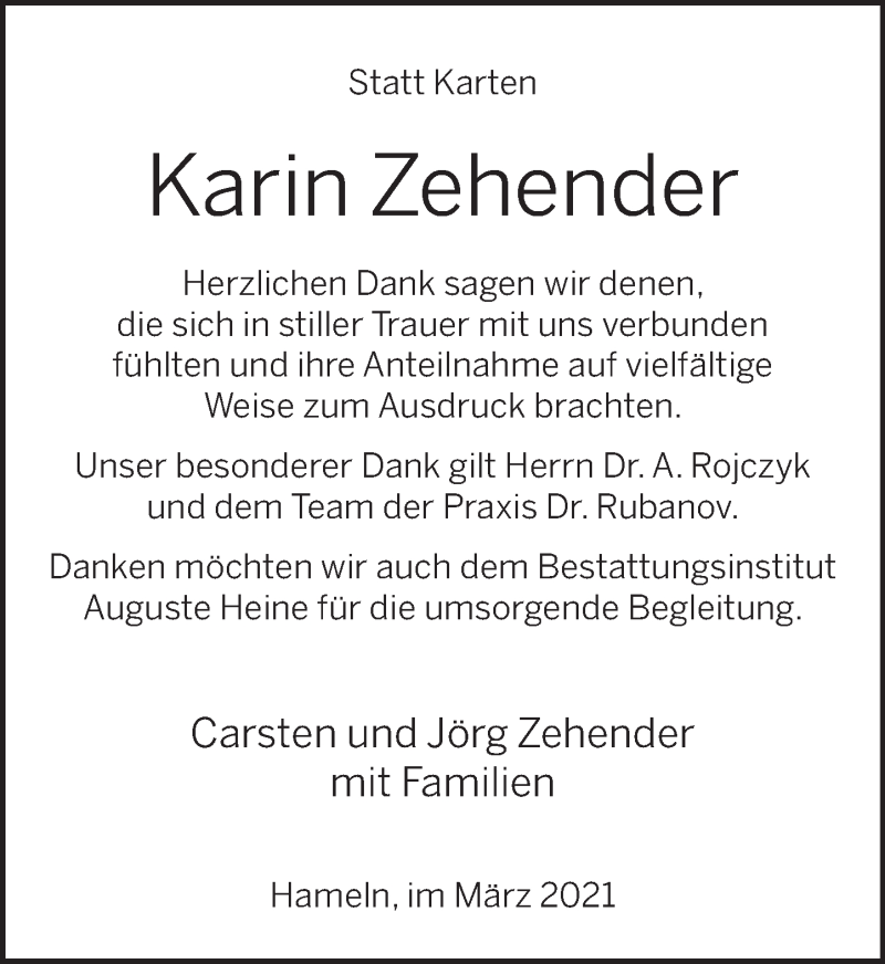  Traueranzeige für Karin Zehender vom 06.03.2021 aus Deister- und Weserzeitung
