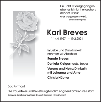 Traueranzeige von Karl Breves von Deister- und Weserzeitung
