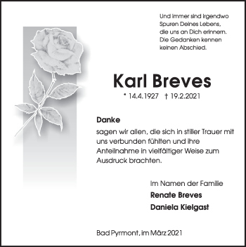 Traueranzeige von Karl Breves von Deister- und Weserzeitung