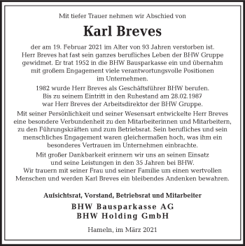 Traueranzeige von Karl Breves von Deister- und Weserzeitung