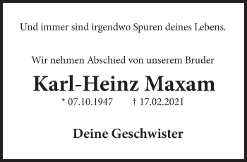 Traueranzeige von Karl-Heinz Maxam von Deister- und Weserzeitung