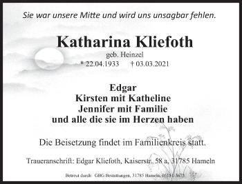 Traueranzeige von Katharina Kliefoth von Deister- und Weserzeitung