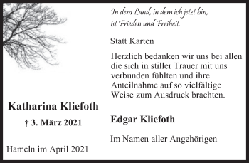 Traueranzeige von Katharina Kliefoth von Deister- und Weserzeitung
