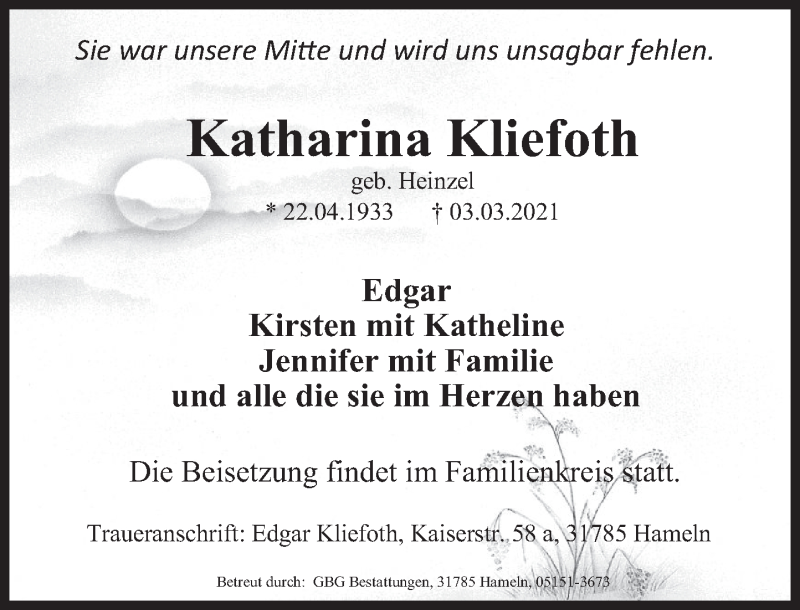  Traueranzeige für Katharina Kliefoth vom 13.03.2021 aus Deister- und Weserzeitung