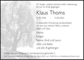 Traueranzeige von Klaus Thoms von Deister- und Weserzeitung