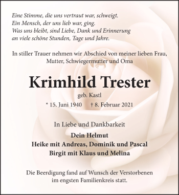 Traueranzeige von Krimhild Trester von Neue Deister-Zeitung