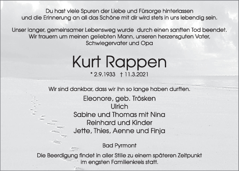  Traueranzeige für Kurt Rappen vom 20.03.2021 aus Deister- und Weserzeitung