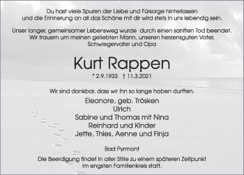Traueranzeige von Kurt Rappen von Deister- und Weserzeitung