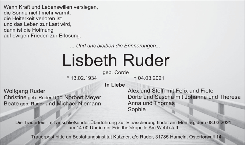  Traueranzeige für Lisbeth Ruder vom 06.03.2021 aus Deister- und Weserzeitung