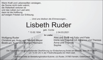 Traueranzeige von Lisbeth Ruder von Deister- und Weserzeitung