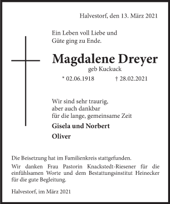 Traueranzeige von Magdalene Dreyer von Deister- und Weserzeitung