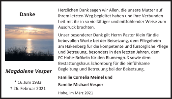 Traueranzeige von Magdalene Vesper von Deister- und Weserzeitung