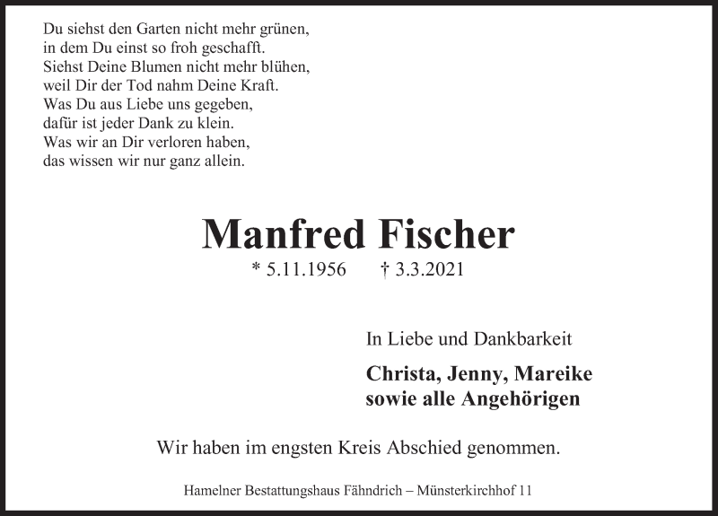  Traueranzeige für Manfred Fischer vom 13.03.2021 aus Deister- und Weserzeitung