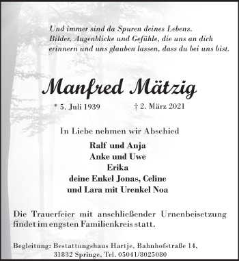 Traueranzeige von Manfred Mätzig von Neue Deister-Zeitung