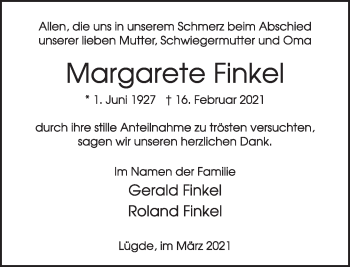 Traueranzeige von Margarete Finkel von Deister- und Weserzeitung