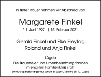 Traueranzeige von Margarete Finkel von Deister- und Weserzeitung