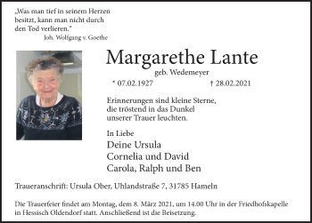 Traueranzeige von Margarethe Lante von Deister- und Weserzeitung