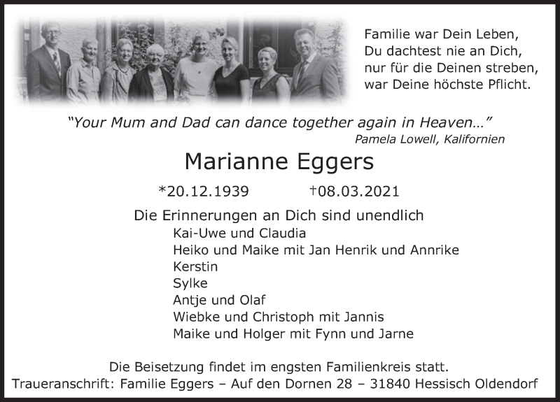  Traueranzeige für Marianne Eggers vom 13.03.2021 aus Deister- und Weserzeitung