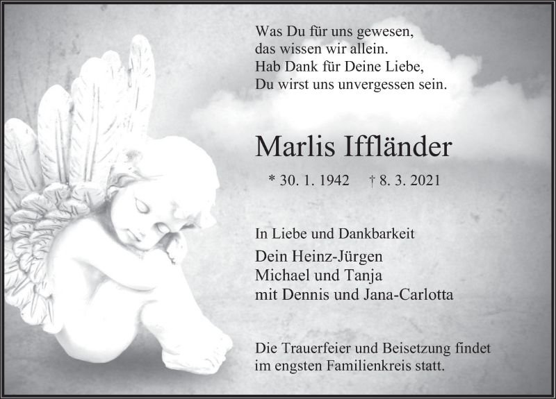  Traueranzeige für Marlis Iffländer vom 13.03.2021 aus Deister- und Weserzeitung