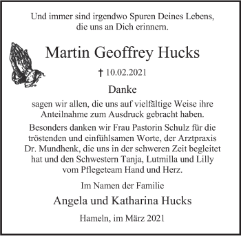 Traueranzeige von Martin Geoffrey Hucks von Deister- und Weserzeitung