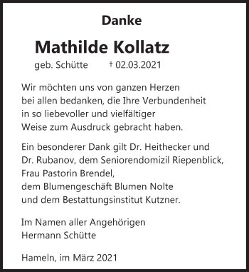 Traueranzeige von Mathilde Kollatz von Deister- und Weserzeitung