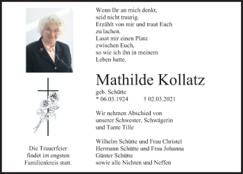 Traueranzeige von Mathilde Kollatz von Deister- und Weserzeitung