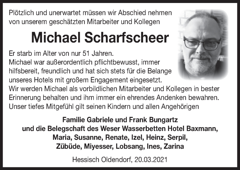  Traueranzeige für Michael Scharfscheer vom 20.03.2021 aus Deister- und Weserzeitung