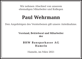Traueranzeige von Paul Wehrmann von Deister- und Weserzeitung