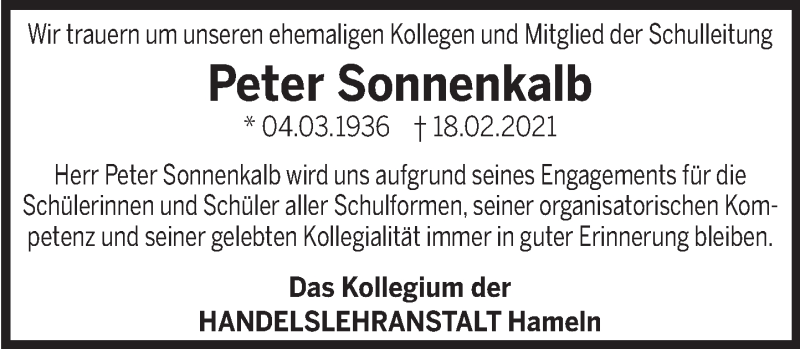  Traueranzeige für Peter Sonnenkalb vom 08.03.2021 aus Deister- und Weserzeitung