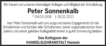 Traueranzeige von Peter Sonnenkalb von Deister- und Weserzeitung