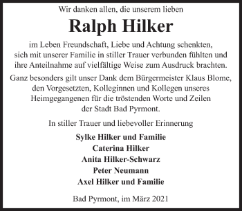 Traueranzeige von Ralph Hilker von Deister- und Weserzeitung