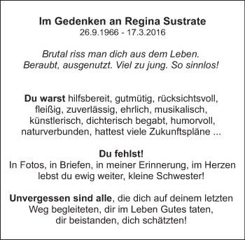 Traueranzeige von Regina Sustrate von Deister- und Weserzeitung