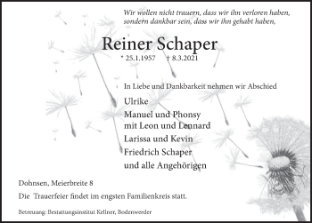 Traueranzeige von Reiner Schaper von Deister- und Weserzeitung