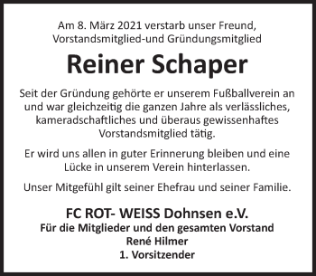 Traueranzeige von Reiner Schaper von Deister- und Weserzeitung