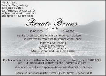 Traueranzeige von Renate Bruns von Deister- und Weserzeitung