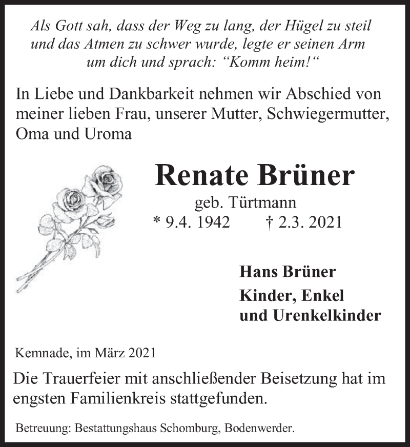  Traueranzeige für Renate Brüner vom 13.03.2021 aus Deister- und Weserzeitung