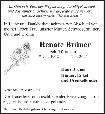Traueranzeige von Renate Brüner von Deister- und Weserzeitung