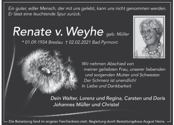 Traueranzeige von Renate v. Weyhe von Deister- und Weserzeitung