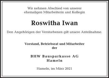Traueranzeige von Roswitha Iwan von Deister- und Weserzeitung