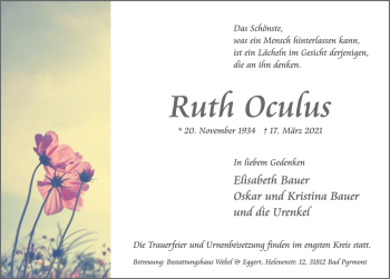 Traueranzeige von Ruth Oculus von Deister- und Weserzeitung