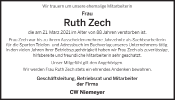 Traueranzeige von Ruth Zech von Deister- und Weserzeitung