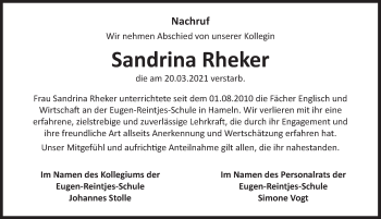 Traueranzeige von Sandrina Rheker von Deister- und Weserzeitung