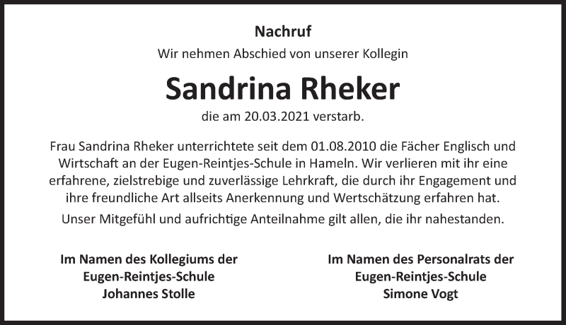  Traueranzeige für Sandrina Rheker vom 27.03.2021 aus Deister- und Weserzeitung