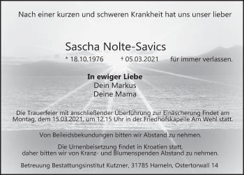 Traueranzeige von Sascha Nolte-Savics von Deister- und Weserzeitung