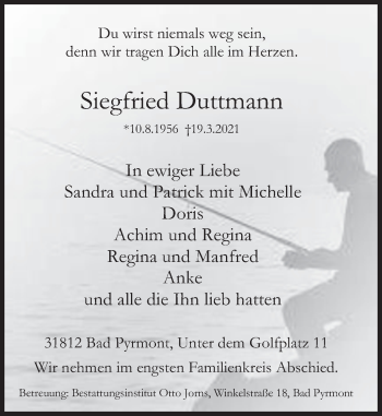 Traueranzeige von Siegfried Duttmann von Deister- und Weserzeitung