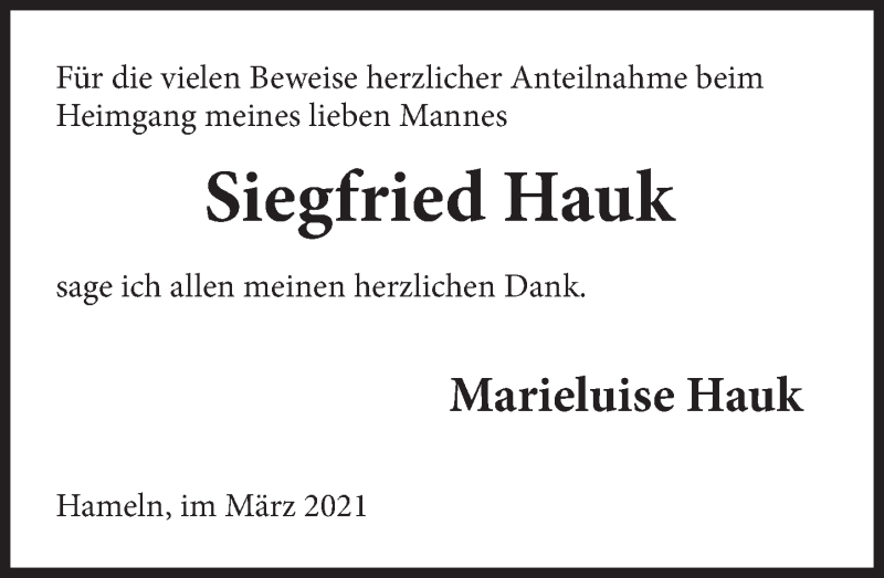  Traueranzeige für Siegfried Hauk vom 06.03.2021 aus Deister- und Weserzeitung