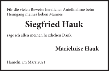Traueranzeige von Siegfried Hauk von Deister- und Weserzeitung