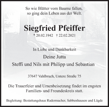 Traueranzeige von Siegfried Pfeiffer von Deister- und Weserzeitung