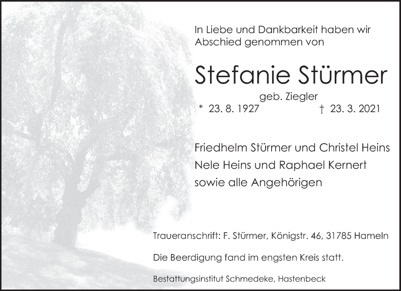  Traueranzeige für Stefanie Stürmer vom 03.04.2021 aus Deister- und Weserzeitung