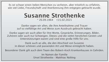 Traueranzeige von Susanne Strothenke von Deister- und Weserzeitung